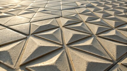 A closeup view of a textured 3D tile with raised geometric forms capturing the interplay between light and shadows that adds depth and interest to the otherwise simple entry