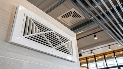 Fototapeta premium A closeup view of a rectangular heating vent with a minimalist design set within a contemporary open concept living area where exposed ducts crisscross overhead in a dynamic