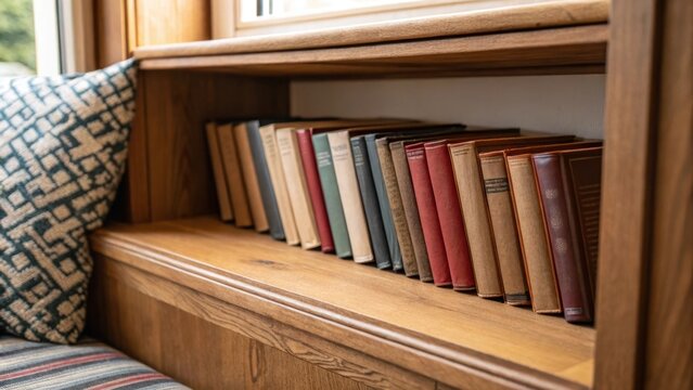 A closeup view of a recessed shelf in a cozy reading nook lined with wellloved books their spines gradually fading from use harmonizing with the inviting warm tone of the wooden