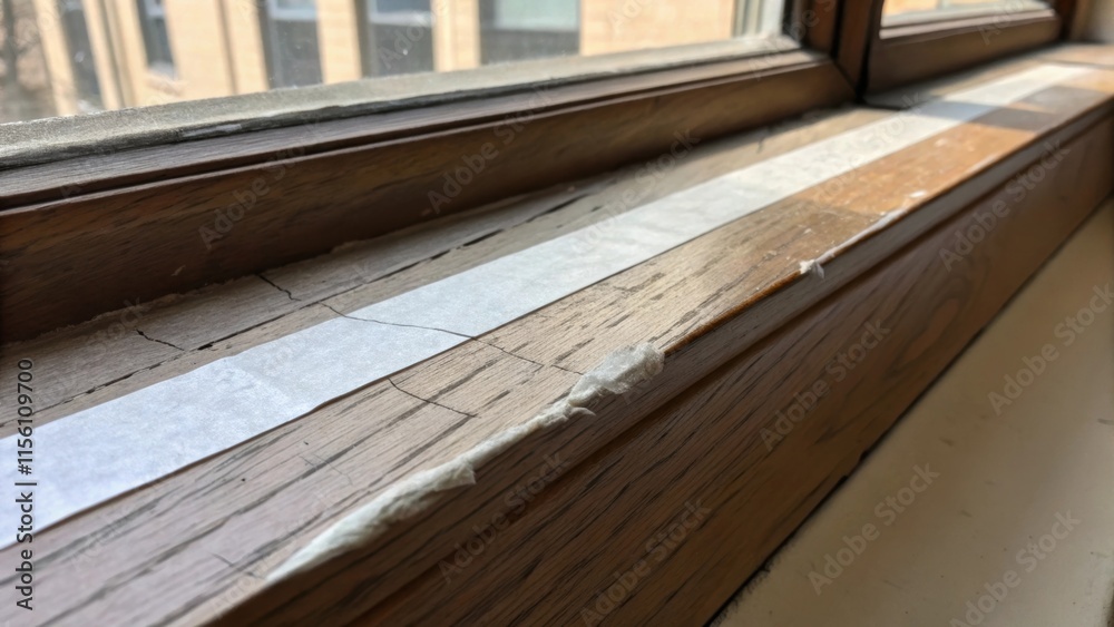 Poster A closeup shot featuring a slightly cracked window ledge the protective tape providing a stark line across its surface. The wood has an uneven finish with different shades visible