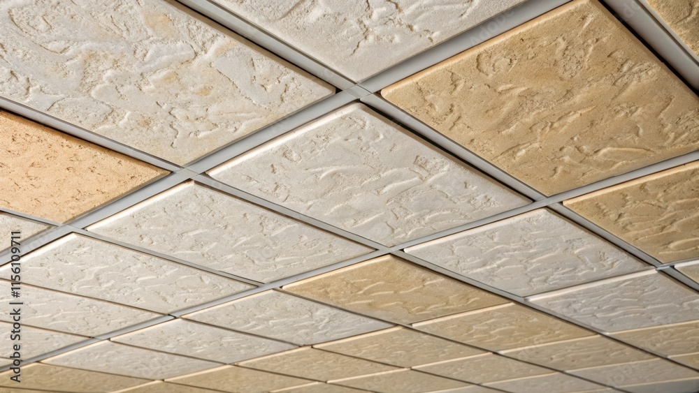 Poster a closeup shot featuring the gridlike structure of ceiling tiles with the natural imperfections of t