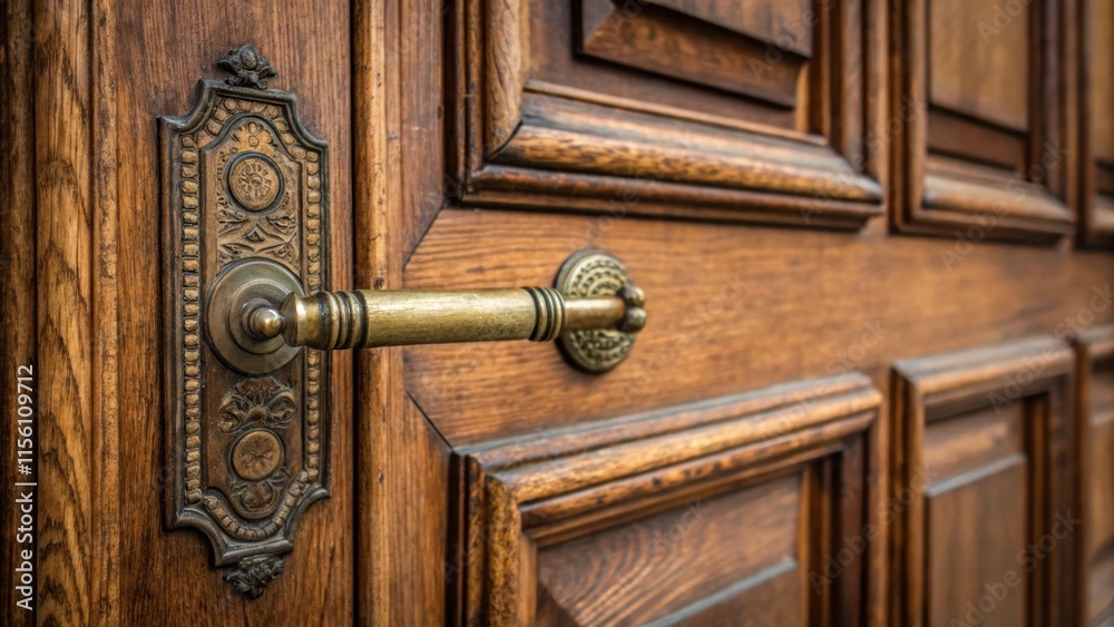 Poster a closeup shot capturing the unique door on a vintagestyle prehung door the aged brass handle glimme