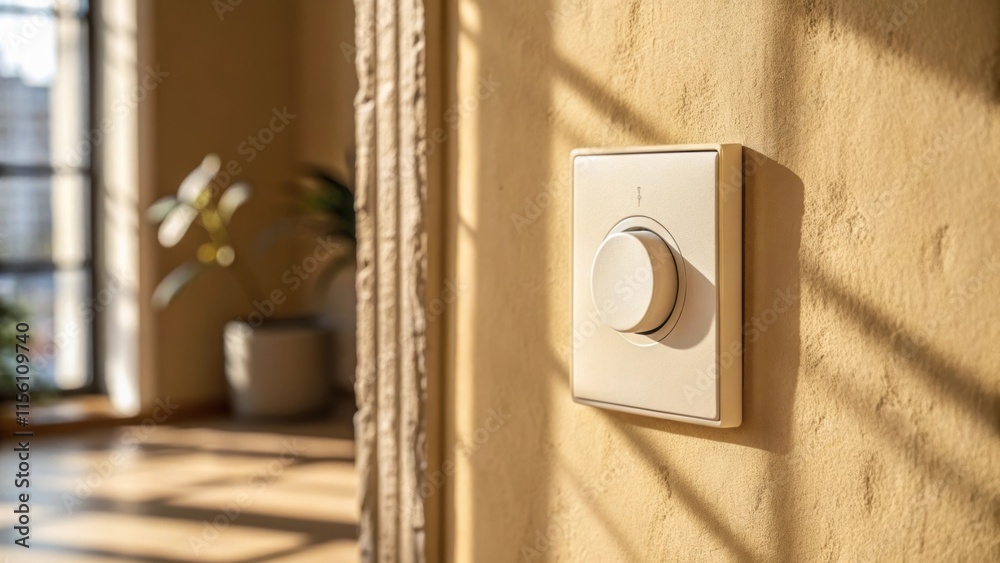 Poster A closeup reveals a stylish dimmer switch with a smooth circular interface on a creamy beige wall creating a warm and inviting atmosphere in the space.