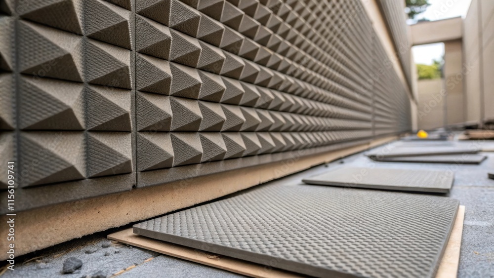 Aufkleber A closeup perspective that focuses on the texture and pattern of an acoustic panel being installed with adjoining panels still lying on the ground waiting to be p.
