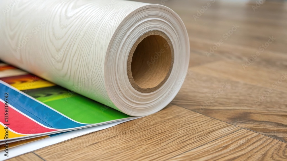 Poster a closeup reveals the adhesive side of the vinyl flooring showing the fine texture and a few splashe
