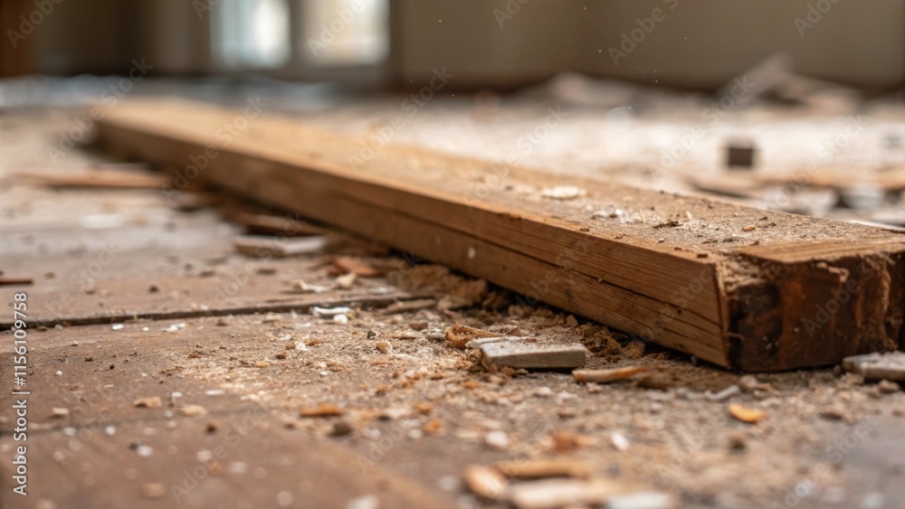 Aufkleber a closeup revealing an overturned wooden beam splintered and aged surrounded by tered debris and dus