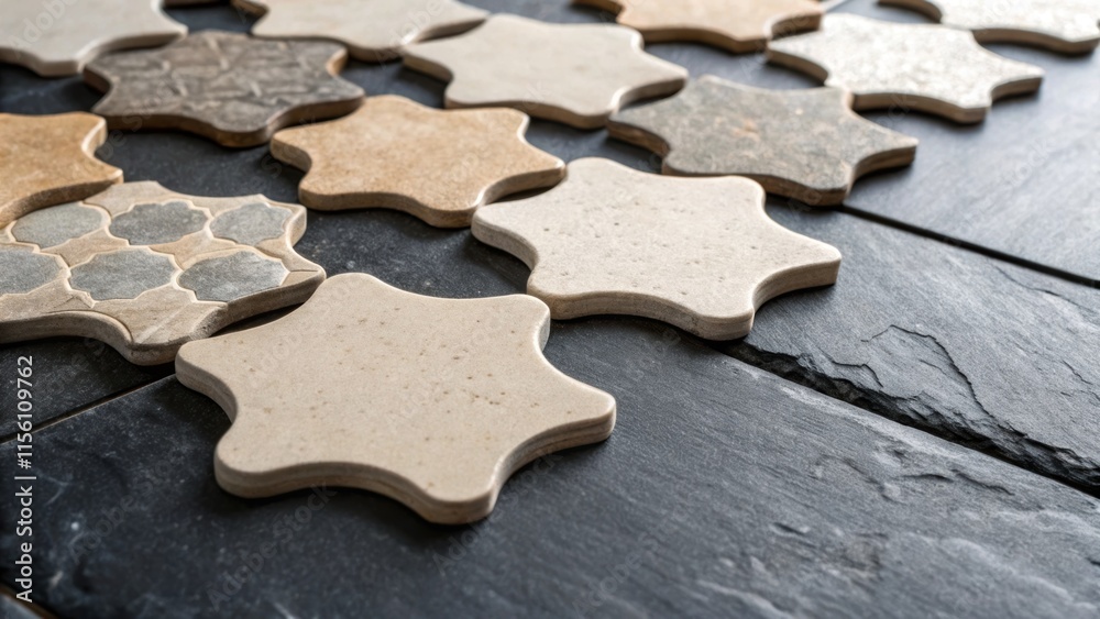 Poster A closeup photo showcasing the assorted shapes of tile spacers lying haphazardly on a dark slate floor the surface rich in texture and depth.