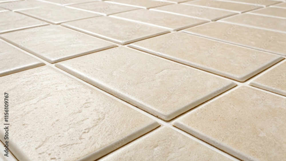 Poster A closeup perspective of light beige tiles with a soft matte finish that absorbs light surrounded by perfectly leveled white grout creating a serene and inviting atmosphere.