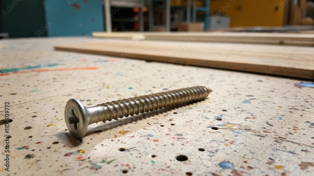 Poster a closeup perspective of a single oversized screw lying atop a table speckled with paint chips with 
