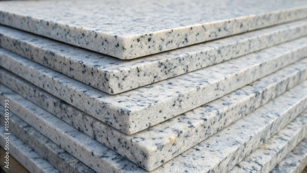 Poster A closeup perspective of a stack of speckled gray and white marble slabs