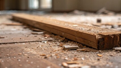 A closeup revealing an overturned wooden beam splintered and aged surrounded by tered debris and dust capturing the remnants of a onceseparate space.
