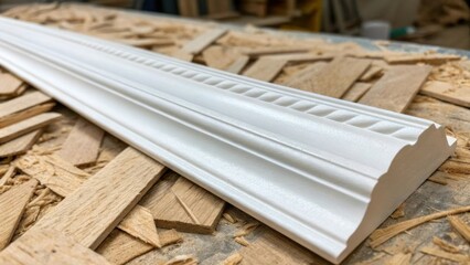 A closeup on a partially primed trim piece the smooth white surface intricately entwined with rough unpainted wood strips below creating a dynamic visual.
