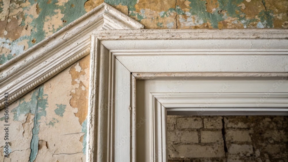 Aufkleber A closeup of the textured wall reminders of previous paint layers beneath the surface intertwining with the unspoiled trim that frames the entryway.