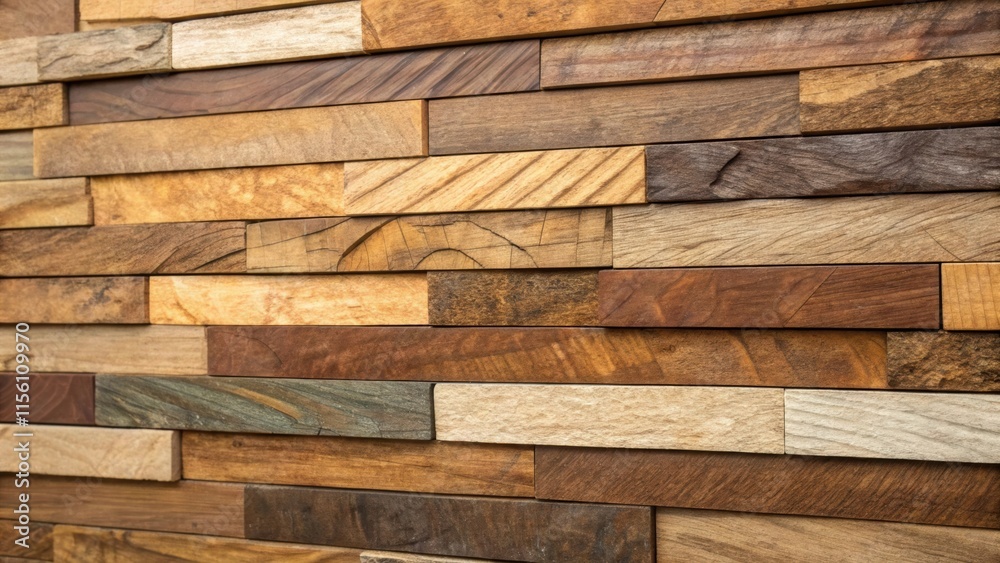 Poster a closeup of the layered texture of multiple wooden planks with varying shades and finishes blending