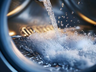 water pouring into a washing machine drum, creating a foamy and bubbly effect, showcasing the cleaning process, creating a dynamic and visually engaging image