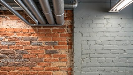 A closeup of the textured walls displaying a combination of exposed brick and soft gray paint juxtaposed with the industrial metal of the visible piping overhead.