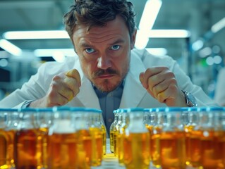 A brewery factory owner inspects the quality of craft beer, looking serious and focused. The setting is a well-lit laboratory with neatly arranged samples.