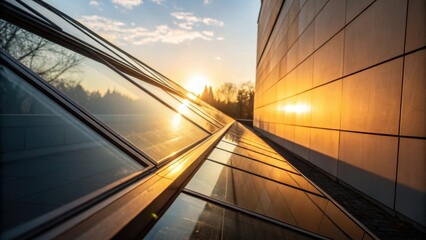 Obraz premium A closeup of the reflective glass capturing the warmth of the afternoon sun while the surrounding walls remain untouched exuding a sense of calm and anticipation.