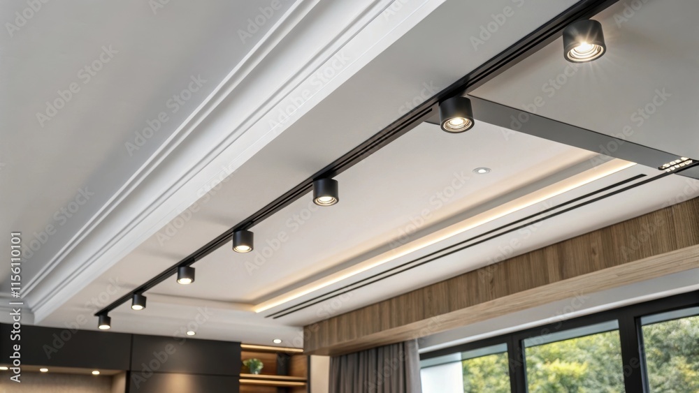 Aufkleber A closeup of the ceiling track reveals clean lines and sharp edges with recessed lights that can pivot to direct light where its needed most in the modern living space.