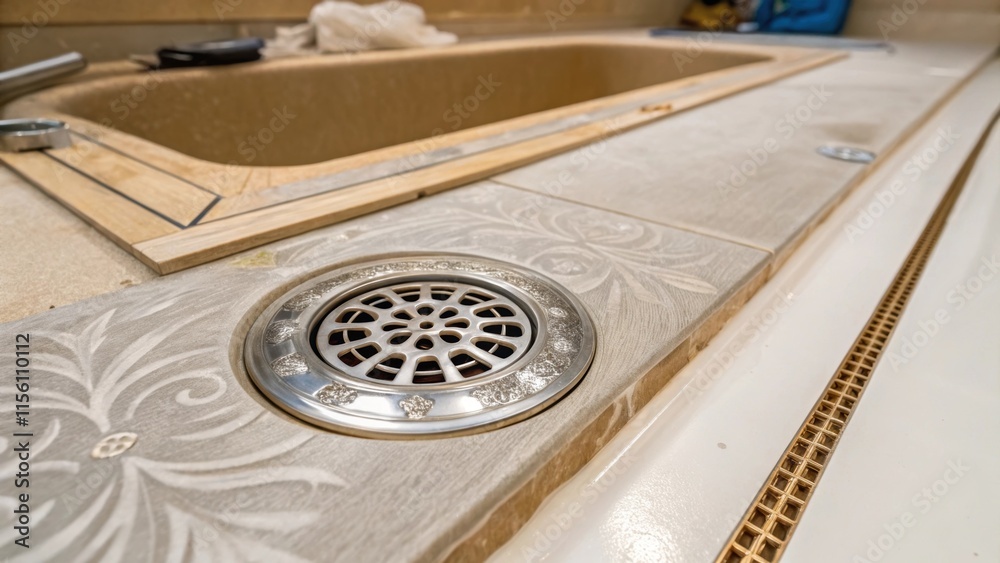 Poster a closeup of the bathtubs drain area featuring intricate details on the chrome drain cover resting g