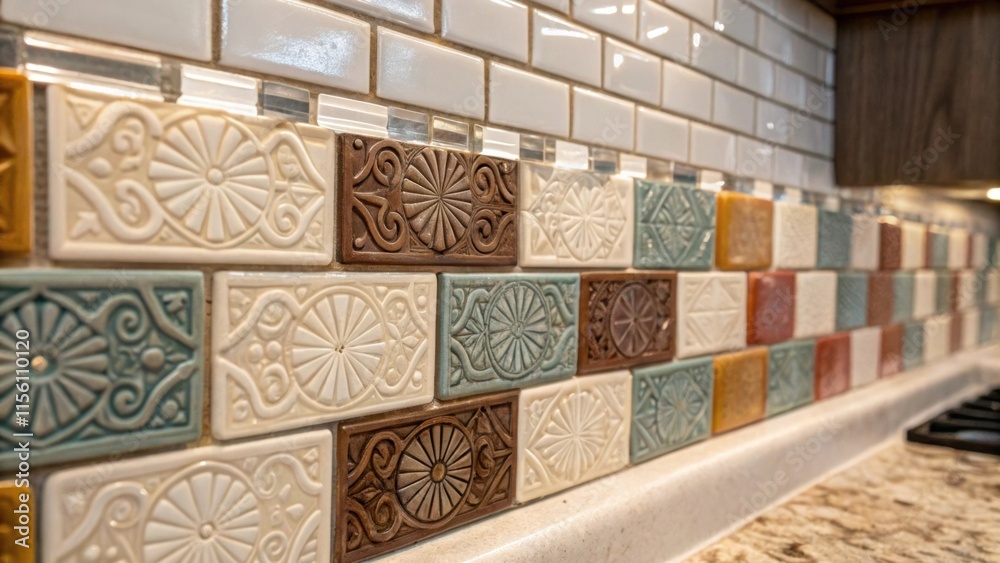Aufkleber a closeup of the artisancrafted backsplash showcasing handmade tiles partially installed and held in