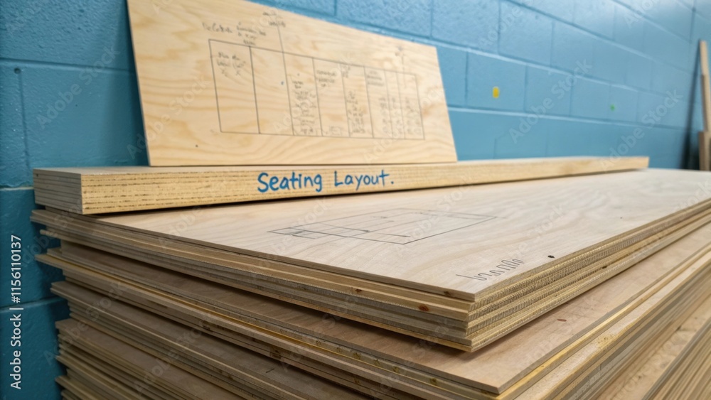 Poster a closeup of sy plywood sheets stacked against a freshly painted wall each marked with notes and ske
