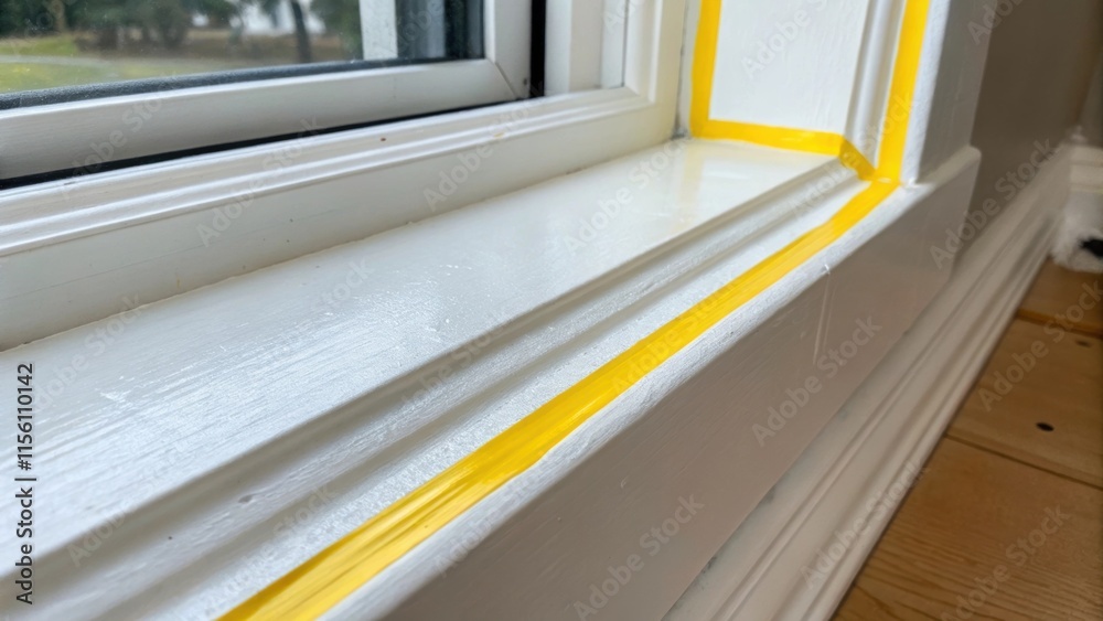Poster a closeup of smooth freshly painted white trim along a window frame with bright yellow painters tape