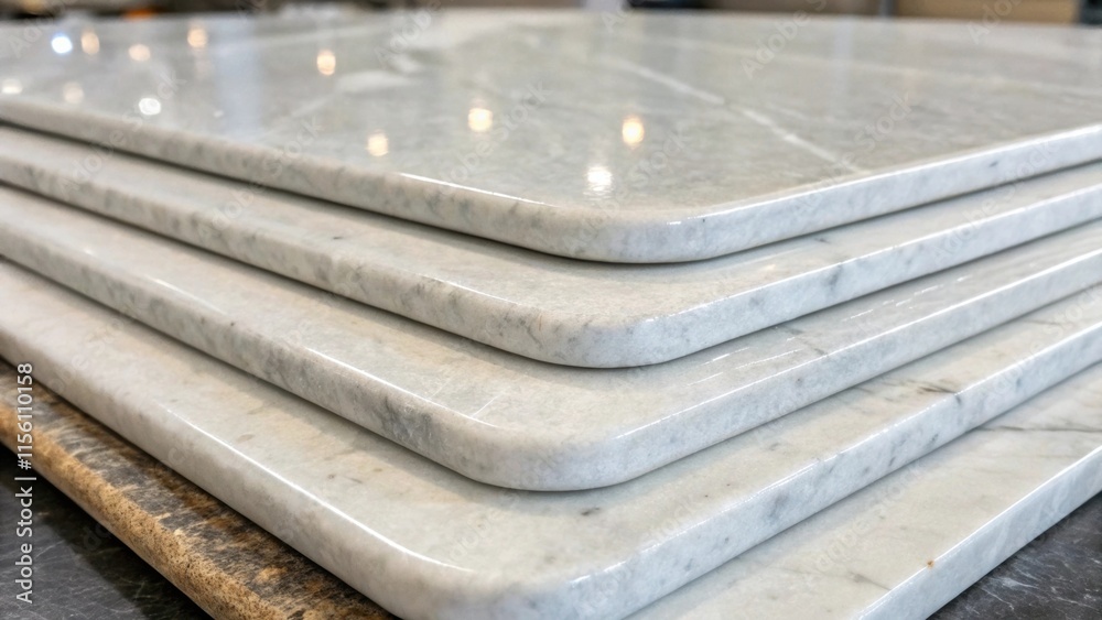 Poster A closeup of round edges on a stack of light gray marble tiles with a subtle shimmer that reflects the surrounding environment emphasizing the precision in their finishing.