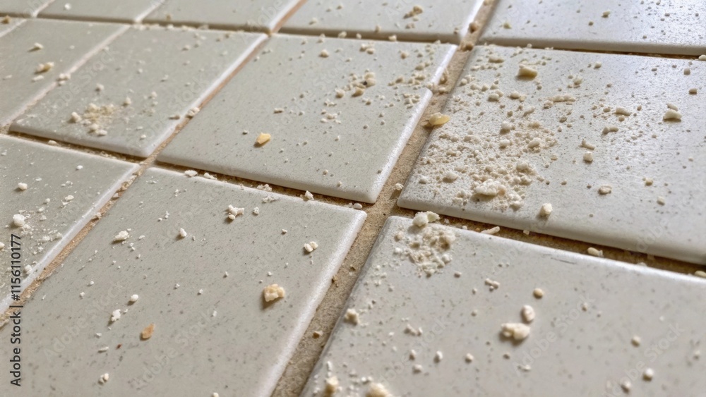 Poster A closeup of partially removed adhesive residue on the back of a tile with small flecks of removed grout tered around revealing the remnants of its past installation.
