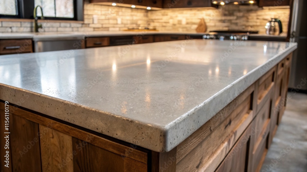 Poster a closeup of polished concrete countertops in the kitchen revealing subtle ing while the overhead vi