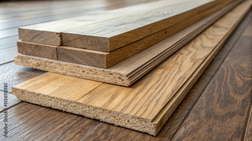 Aufkleber A closeup of partially stacked planks with one plank slightly uplifted showcasing its smooth underside against the rugged top surface giving a visual narrative of the renovation