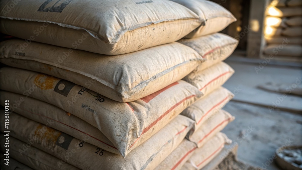 Aufkleber A closeup of multiple cement bags stacked chaotically each bag displaying unique imperfections such as scuff marks and stains with soft ambient light creating a play of shadows
