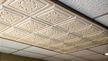 A closeup of the corner of a ceiling tile revealing the intricate pattern that defines it with slight variations in color enhancing its visual appeal against a blurred background.