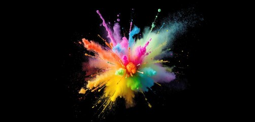 Vibrant colorful chalk explosion against black background. Rainbow colored chalk dust cloud bursts outward. Dynamic vibrant design for colorful prints. Ideal for educational materials. Suitable for