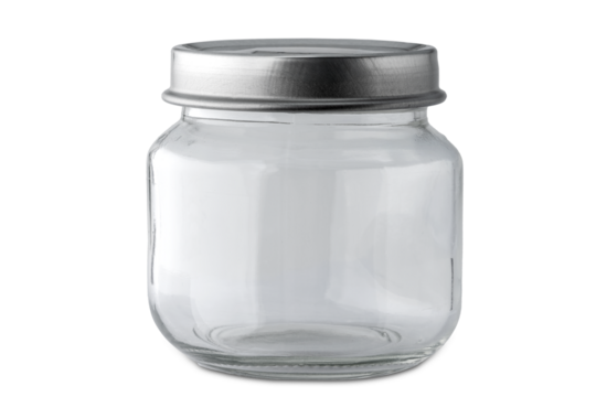 Empty small glass jar with silver colored lid isolated