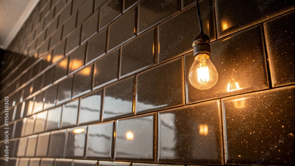 Leinwandbilder a closeup of a tile its glossy surface reflecting a single hanging light bulb overhead casting a war