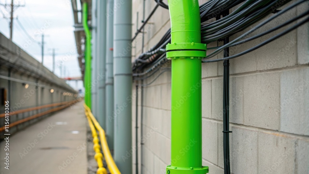 Poster a closeup of a vibrant green pipe running vertically along a wall with electric lines twisting aroun