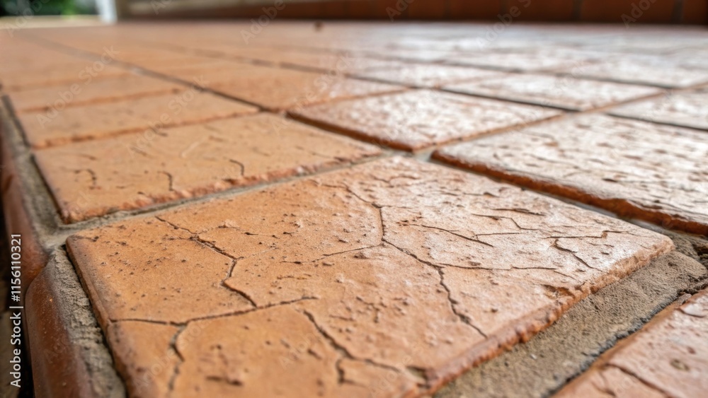 Poster A closeup of a tile shows uneven lines and textures where the glaze has chipped away exposing the rough terracotta underneath and revealing years of wear.