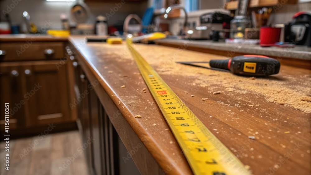 Poster A closeup of a stained measuring tape stretched across the edge of the kitchen island capturing the distractions of sawdust and tered tools nearby.