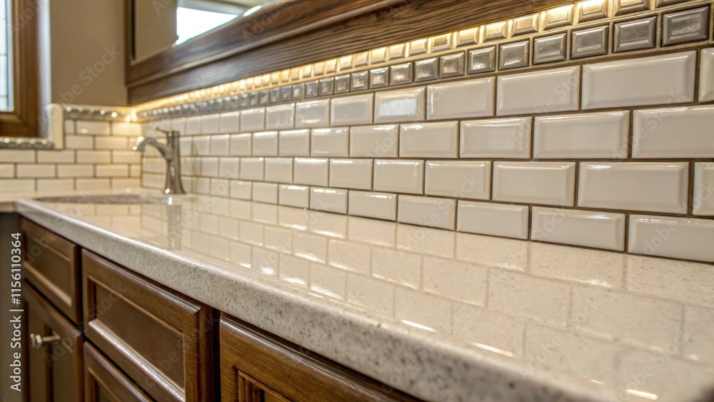 Poster a closeup of a tile backsplash above the vanity featuring gleaming tiles interspersed with wellmatch