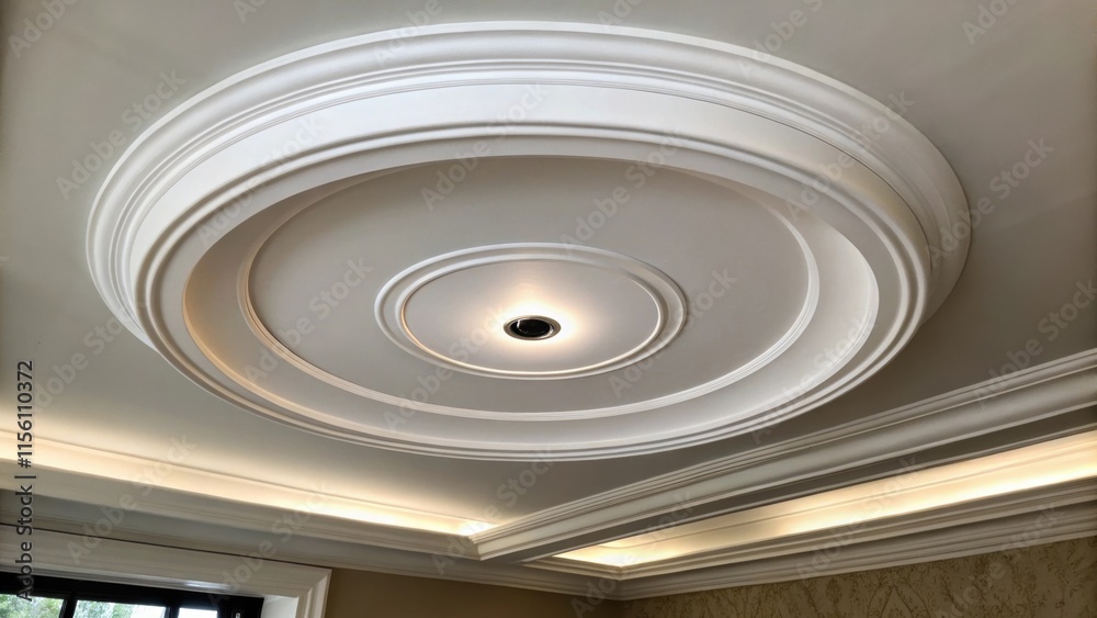 Poster A closeup of a smooth contemporary ceiling medallion featuring a minimalist circular design starkly contrasting with the surrounding drywall in preparation for a stylish light