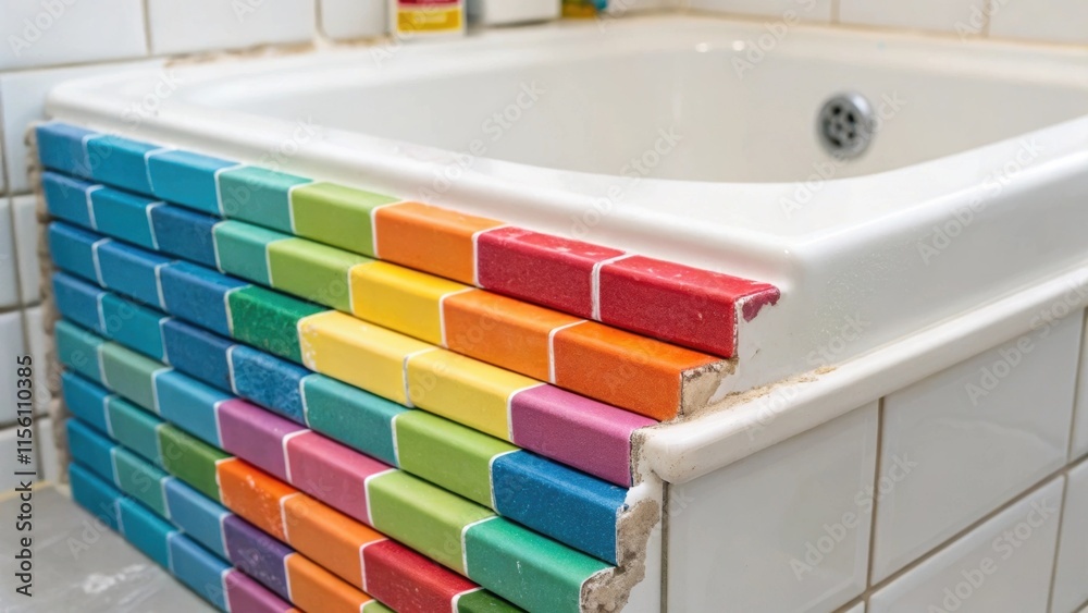 Aufkleber A closeup of a stack of colorful tiles arranged on the edge of the bathtub with spackling compound and grout tubes tered around the edge indicating ongoing work.