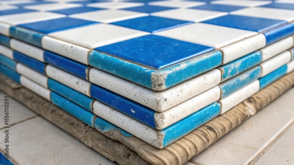 Poster A closeup of a stack of vibrant blue and white tiles the edges worn down blending beautifully with neutraltoned tiles creating a stark yet harmonious visual contrast.