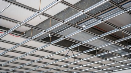 A closeup of a suspended ceiling grid showcases the metallic framework with wires strung neatly for electrical fixtures hinting at the sophistication to come.