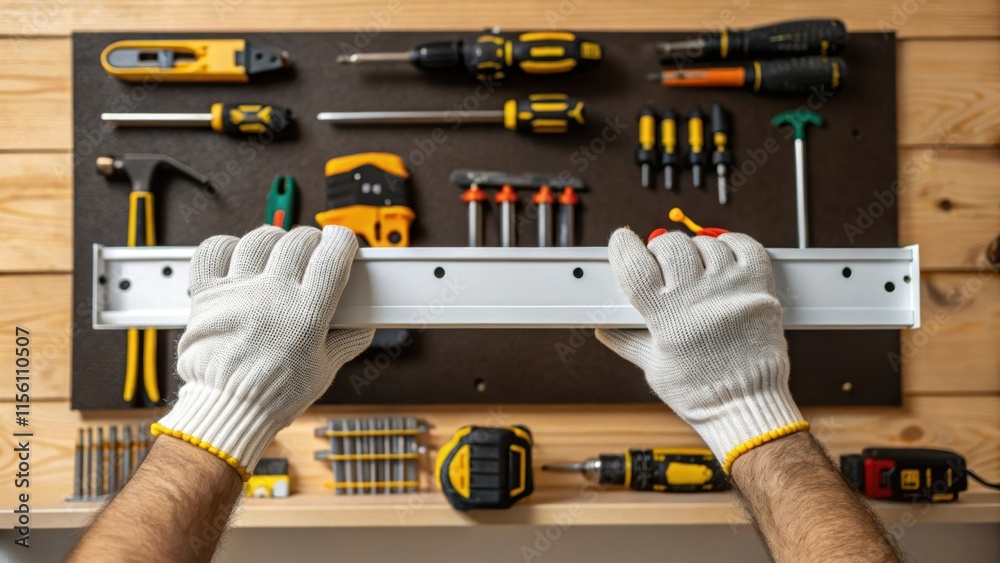 Poster A closeup of a pair of gloved hands tightening screws onto a newly fitted shelf bracket surrounded by an array of power tools set in a wellused workshop.
