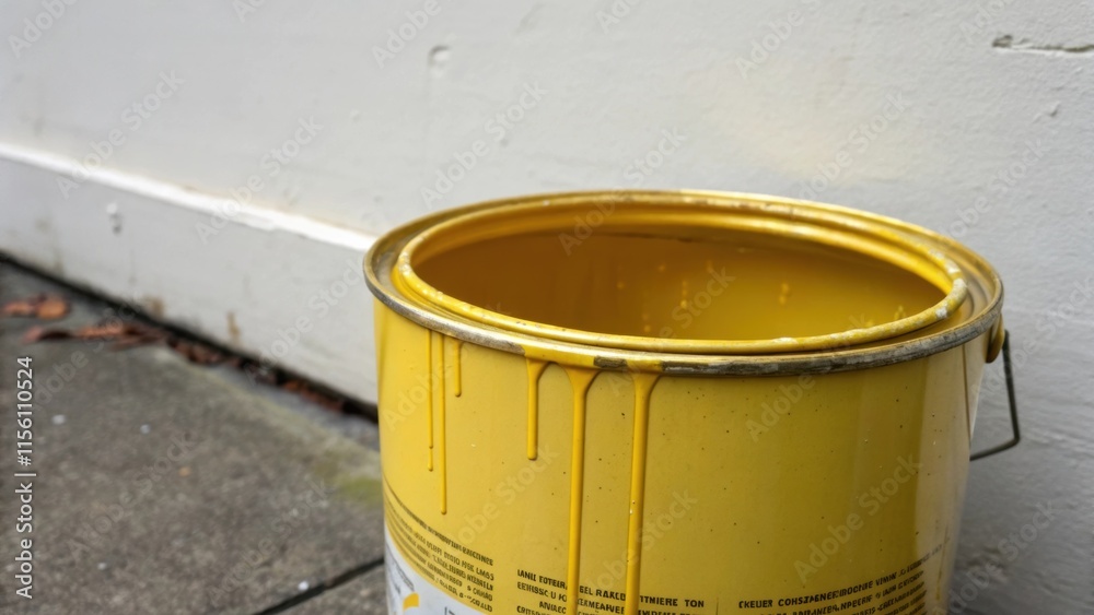 Poster a closeup of an empty yellow paint can that has a few drips still clinging at the rim positioned in 