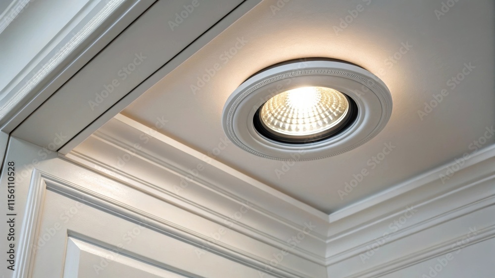 Poster A closeup of a newly installed LED recessed light illustrating the sleek design and energy efficiency surrounded by pristine drywall.