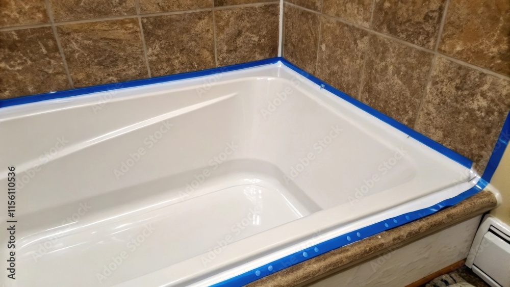 Poster a closeup of a newly fitted bathtub corner featuring pristine enamel and the edges still covered in 