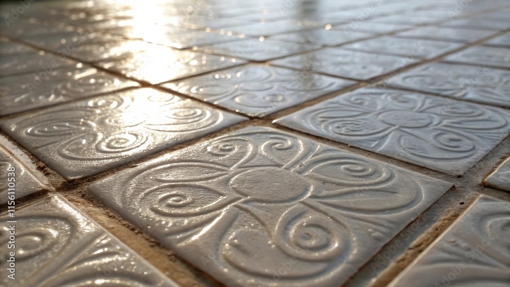 Poster A closeup of a glossy tile surface reflecting light revealing an intricate texture of subtle swirls and patterns with edges slightly chipped from ting creating an artisanal feel.