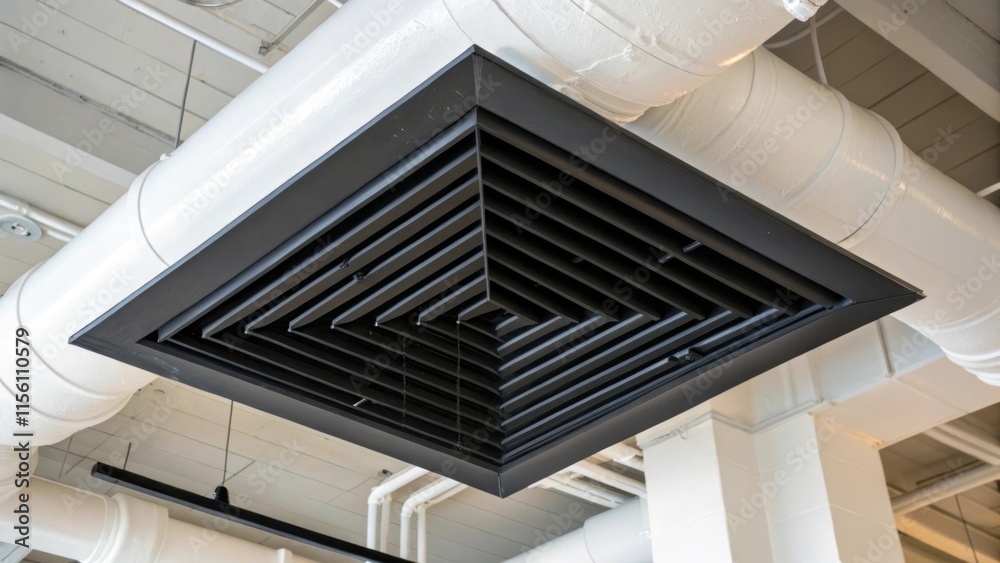 Poster A closeup of an angular black heating vent juxtaposed against bright white exposed ducts presenting a striking modern design that commands attention in the living space.